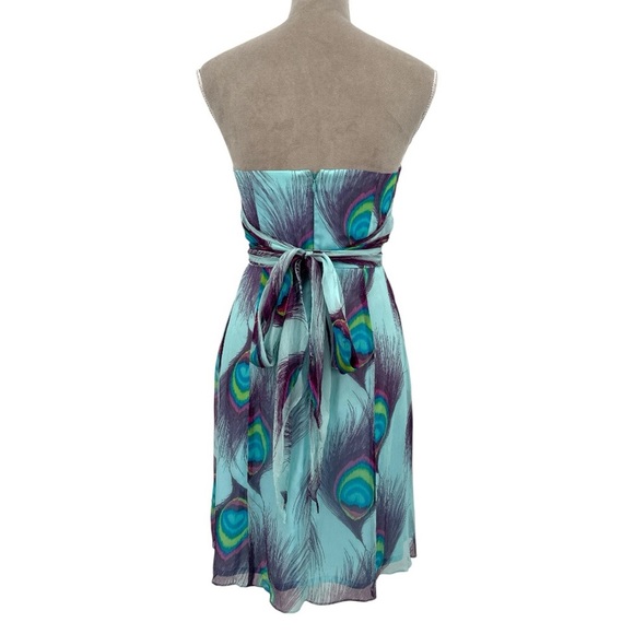 Nanette Lepore Peacock Print Shirred Strapless Silk Dress - Light Blue - Size 4 - Picture 5 of 7